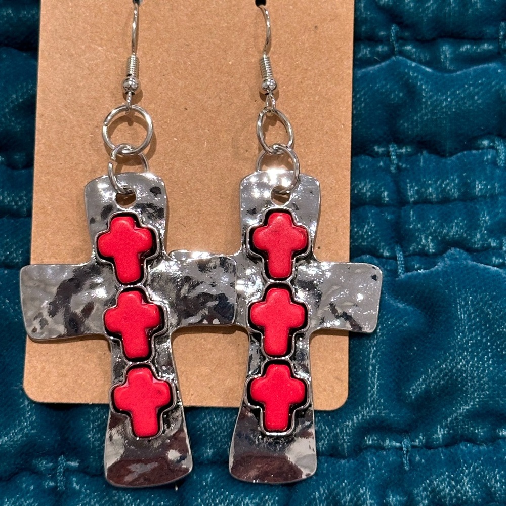 New Cross Drop Antique Silver & Red